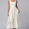 Elegant Square Neck Cotton Blend Gathered Waist Midi Dress