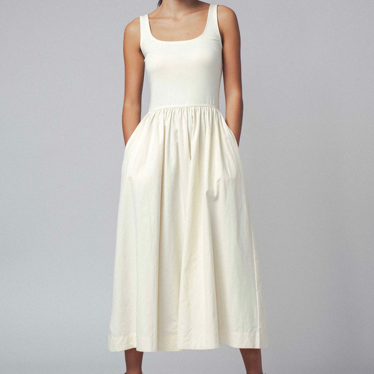 Elegant Square Neck Cotton Blend Gathered Waist Midi Dress