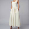 Elegant Square Neck Cotton Blend Gathered Waist Midi Dress