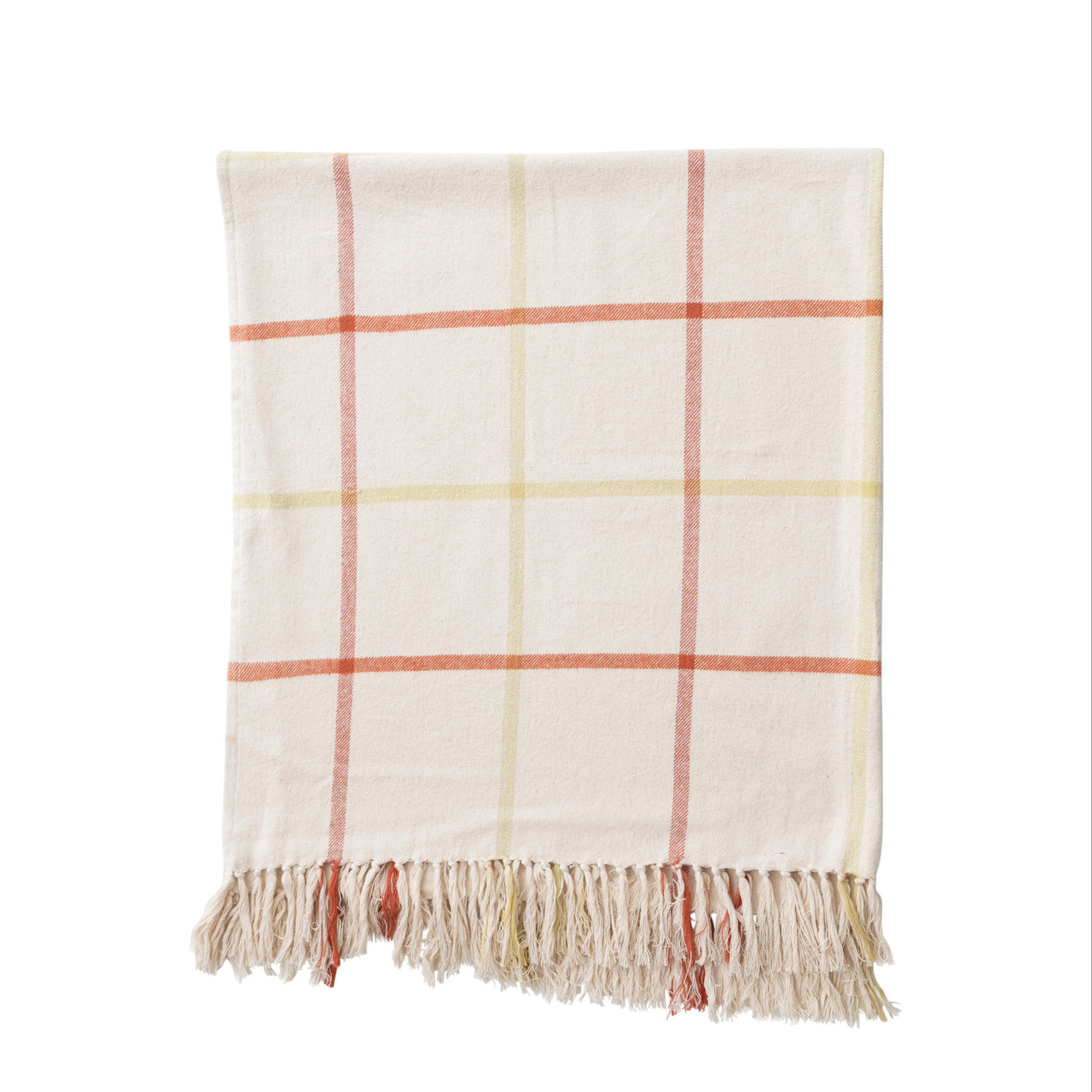 Cotton Throw with Grid Pattern and Fringe