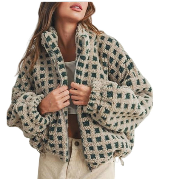 Gingham Sherpa Zip-Up Jacket - Green