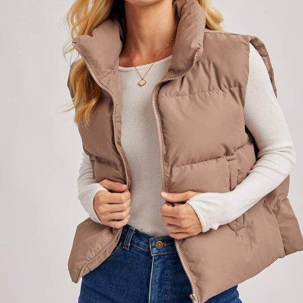 Zipper Front Puffer Vest - Mushroom