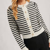 Faux Pearl Button Down Striped Cardigan - Black