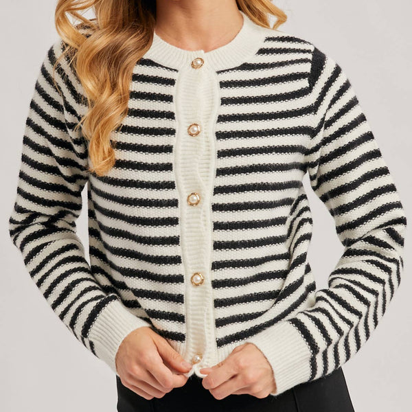 Faux Pearl Button Down Striped Cardigan - Black
