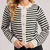 Faux Pearl Button Down Striped Cardigan - Black