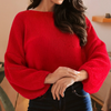 Bow Backless Bubble Sleeve Sweater - Red