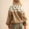Half Zip Floral Print Contrast Sherpa Pullover -  Tan/Green