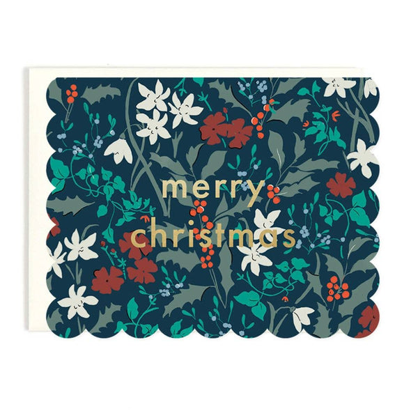 Merry Christmas Scalloped Floral Card - Boxed Set of 8
