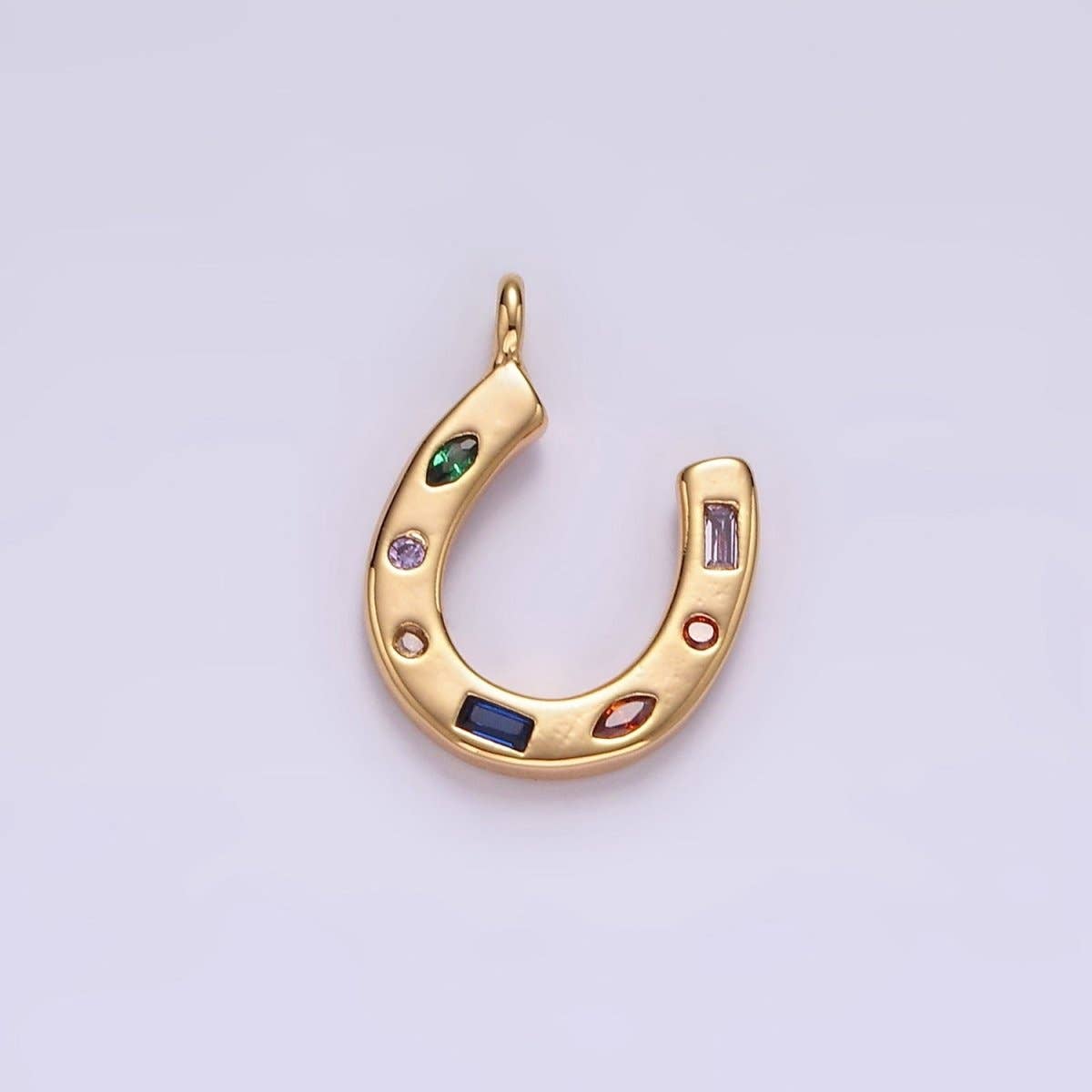 14K Gold Filled CZ Multicolor Dotted Lucky Horseshoe Charm | AC-819: Gold
