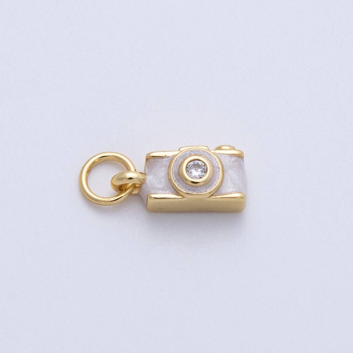 14K Gold Filled 12mm White Enamel Film Retro Digital Camera 3D Multidimensional Charm | Charms-00060