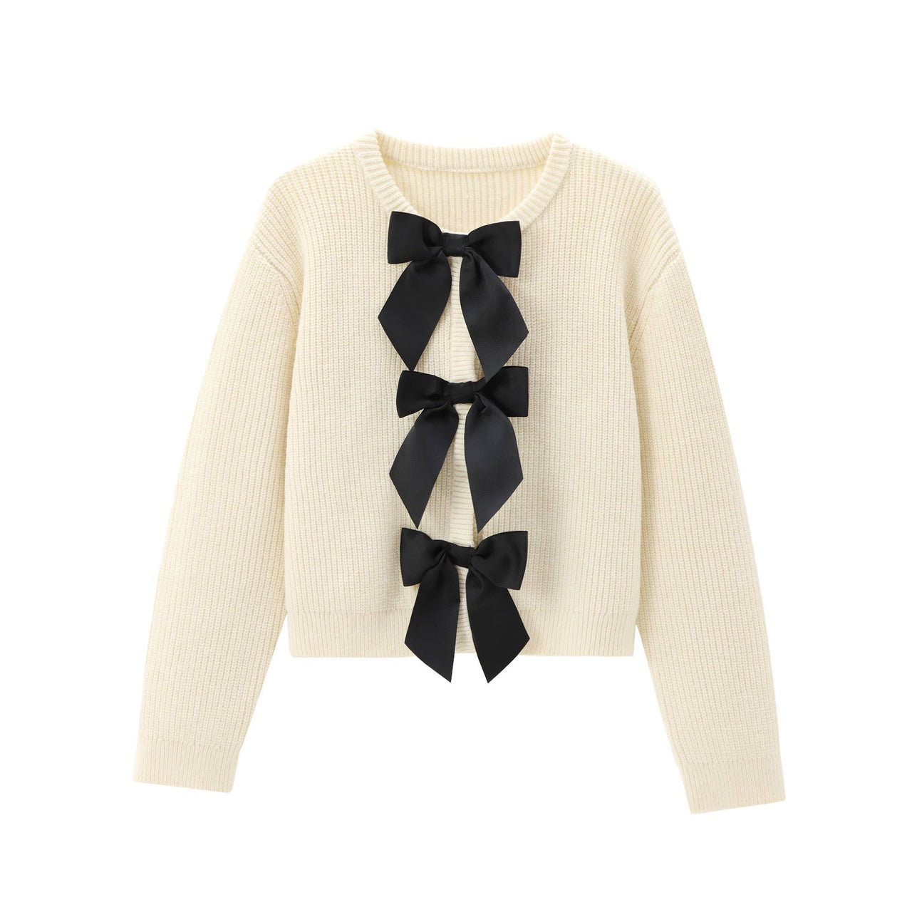 Cozy Slim Crewneck Bow Tie Knit Cardigan - Off/White