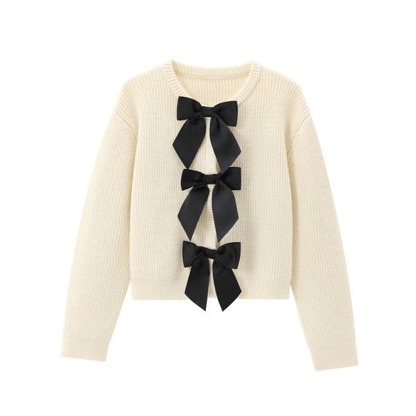 Cozy Slim Crewneck Bow Tie Knit Cardigan - Off/White