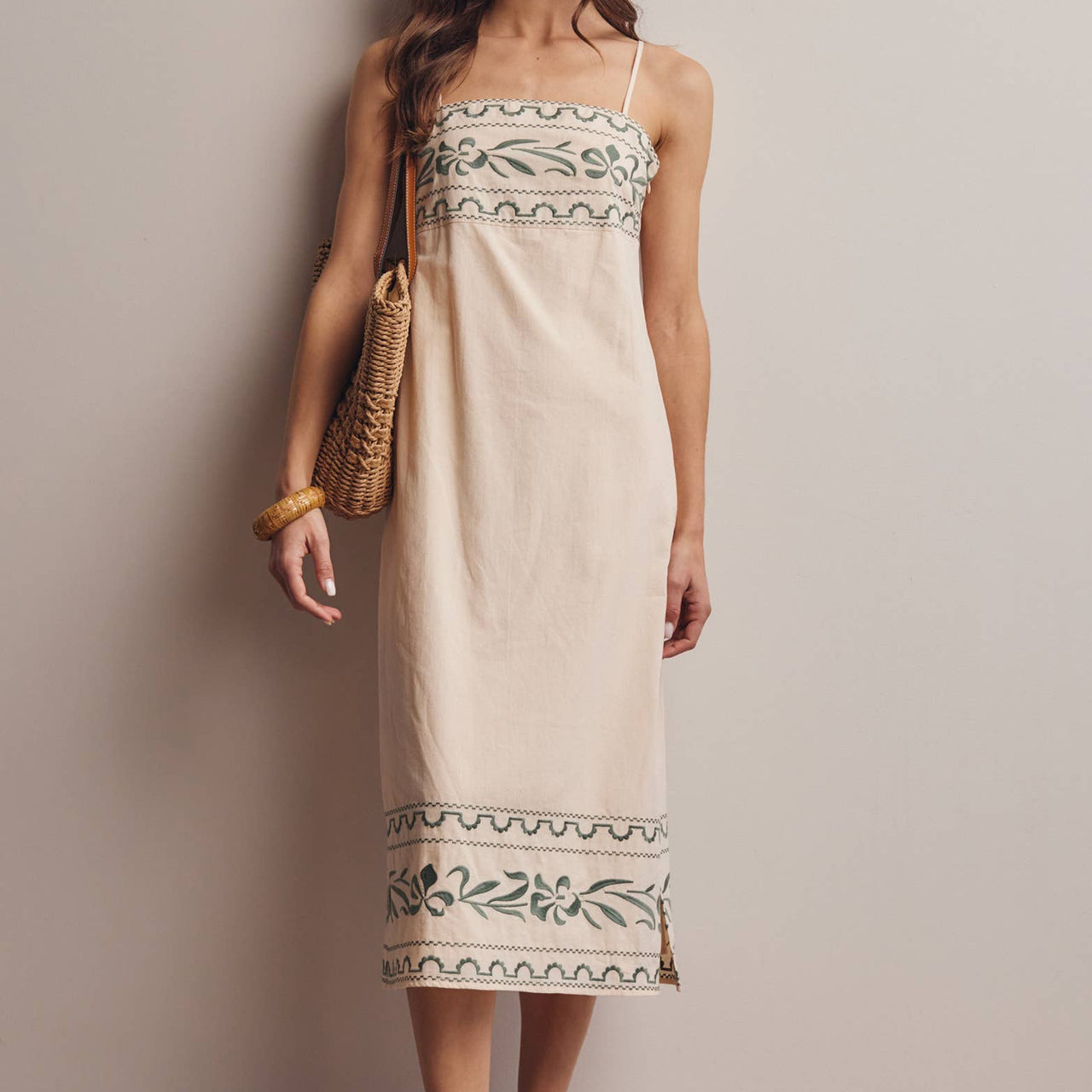 Embroidered Straight-Neck Cotton Midi Dress