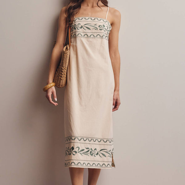 Embroidered Straight-Neck Cotton Midi Dress