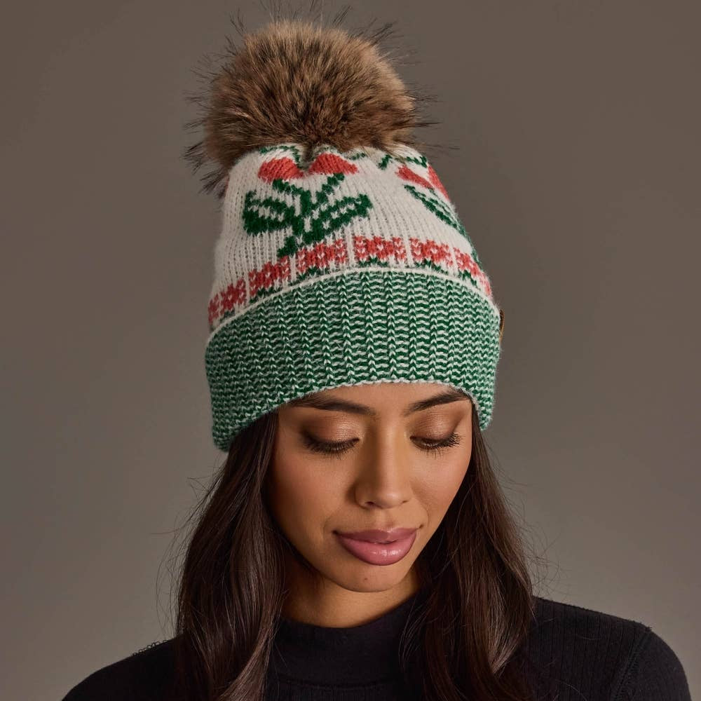 Ivory White Cherry Pattern Pom Hat