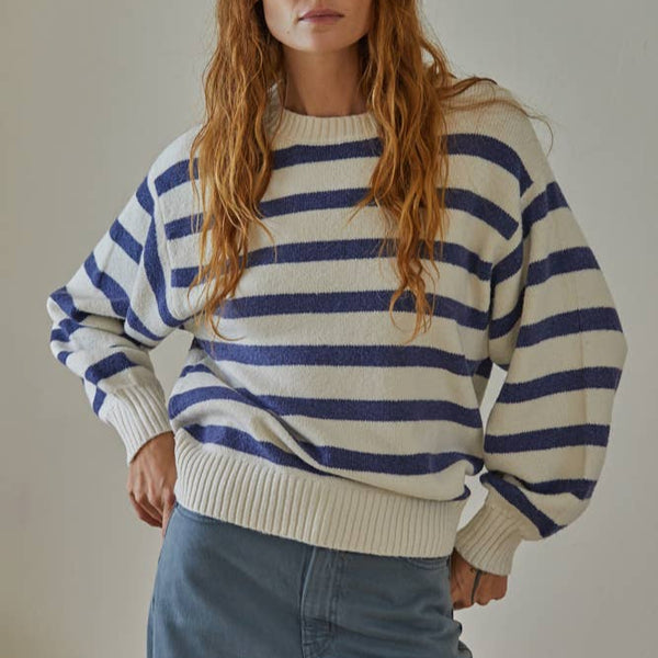 Knit Oversized Striped Sweater - Ivory Blue