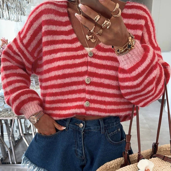 Slouchy Color Block V-Neck Striped Knit Cardigan - Red