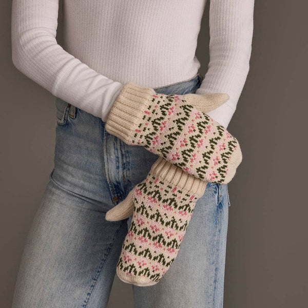Cream & Pink Floral Pattern Mittens