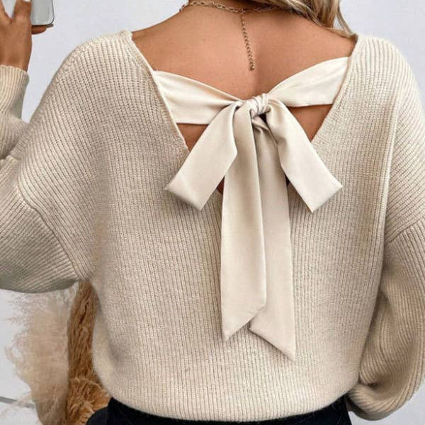 V-neck Knit Sweater with Back Tie - Beige