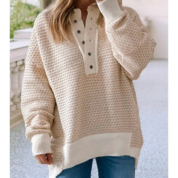 Ribbed Detail Henley Drop Shoulder Sweater - Oatmeal