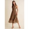 Textured Smock Waist Lined Sleeveless Midi Tiered Dress - Mocha