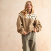 Half Zip Floral Print Contrast Sherpa Pullover -  Tan/Green