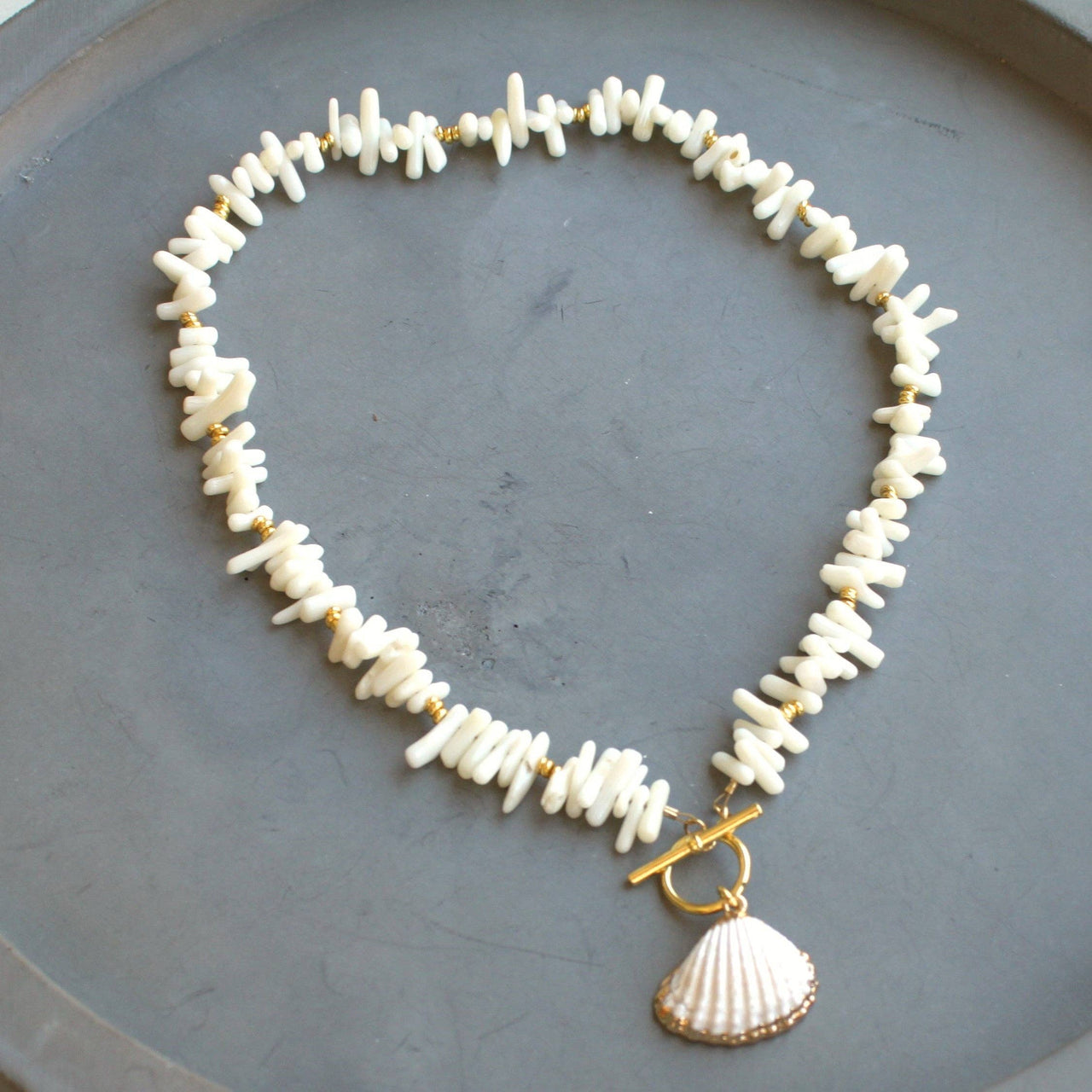 Coastal Shell Charm Necklace – White Coral Chips & Gold Accents - 16 inch