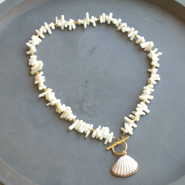 Coastal Shell Charm Necklace – White Coral Chips & Gold Accents - 16 inch