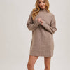 Mock Neck Knit Sweater Mini Dress - Latte