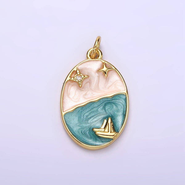 Boat Ocean Celestial Sparkly Enamel Oval Charm