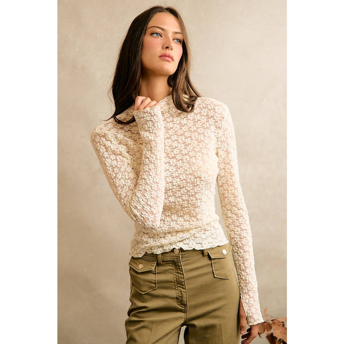 Floral Stretch Lace Layered Long Sleeve Knit Top - Ivory