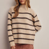 Striped Mock Neck Knit Sweater - Ecru