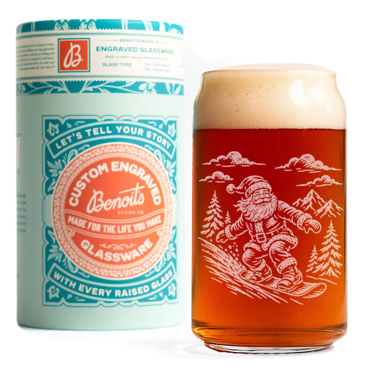 Santa Snowboarding Engraved Can Glass