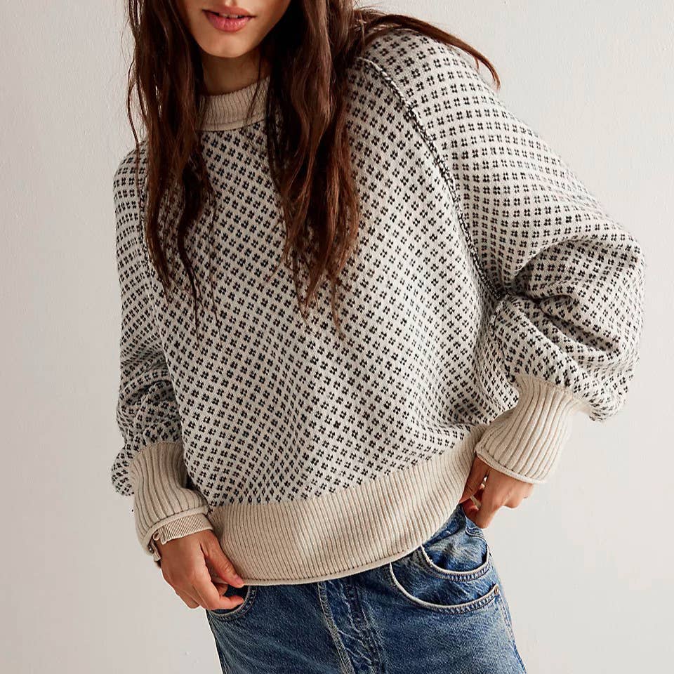 Street Pullover Jacquard Crewneck Sweater - Apricot