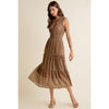 Textured Smock Waist Lined Sleeveless Midi Tiered Dress - Mocha