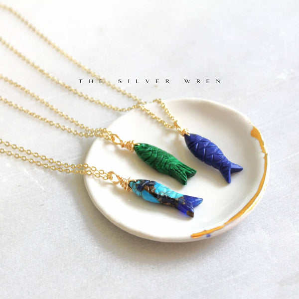 Gemstone Fish Pendant Necklace - Blue