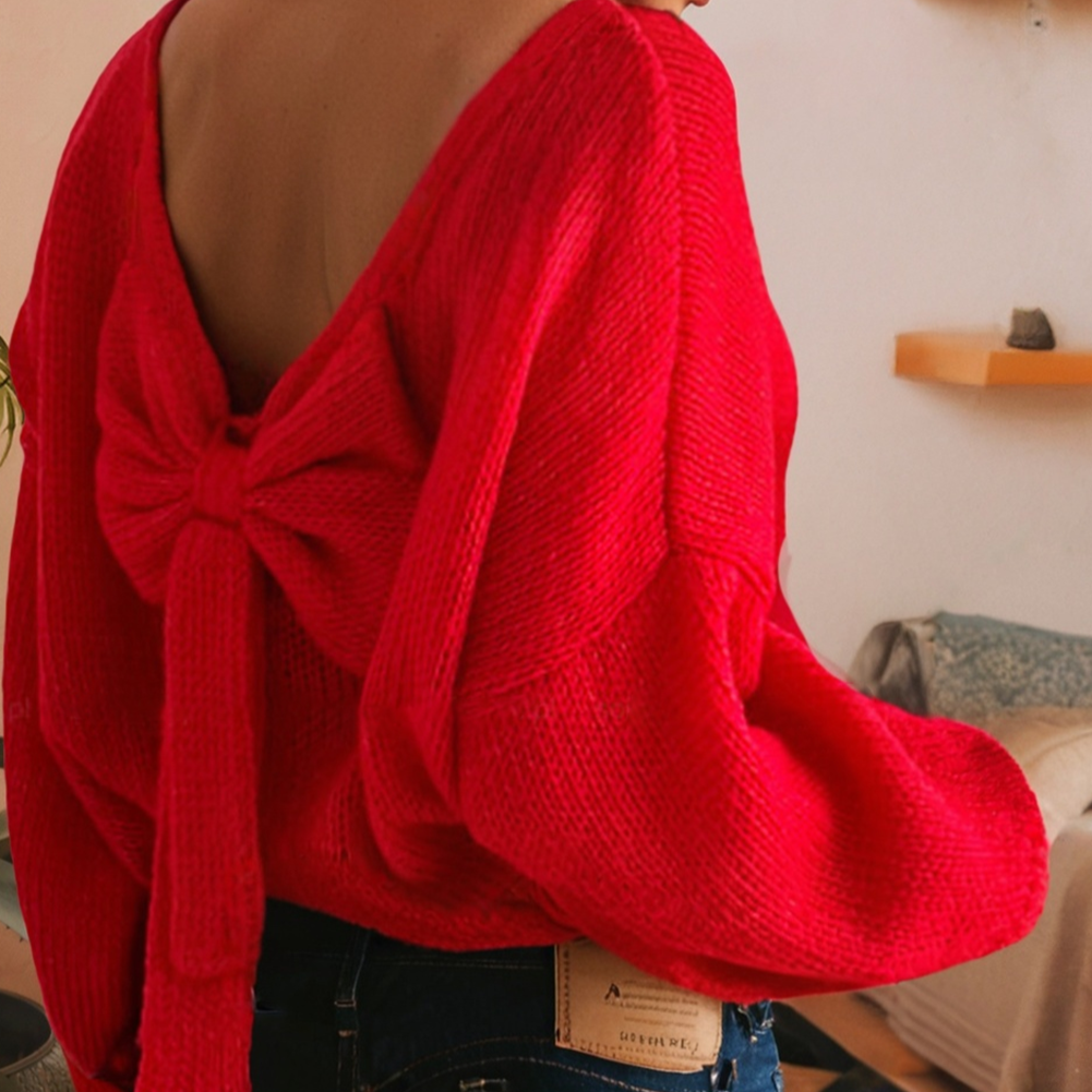 Bow Backless Bubble Sleeve Sweater - Red