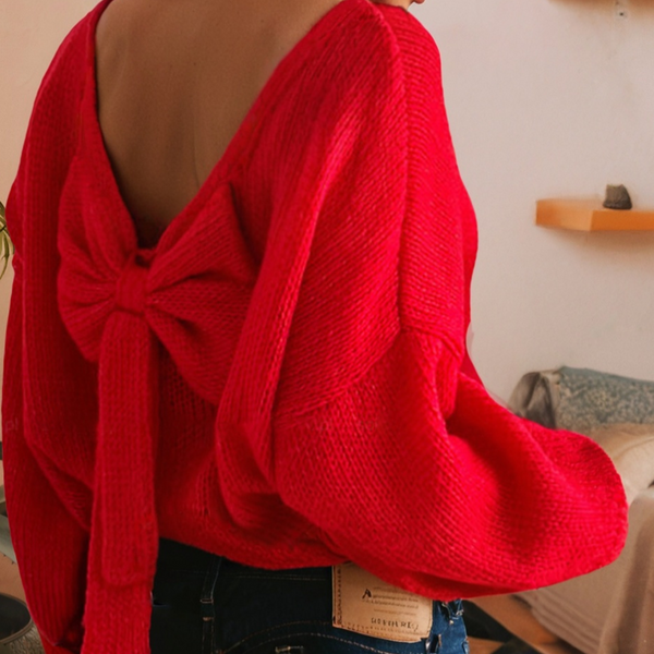 Bow Backless Bubble Sleeve Sweater - Red