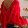 Bow Backless Bubble Sleeve Sweater - Red