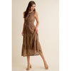 Textured Smock Waist Lined Sleeveless Midi Tiered Dress - Mocha