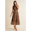 Textured Smock Waist Lined Sleeveless Midi Tiered Dress - Mocha