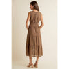 Textured Smock Waist Lined Sleeveless Midi Tiered Dress - Mocha