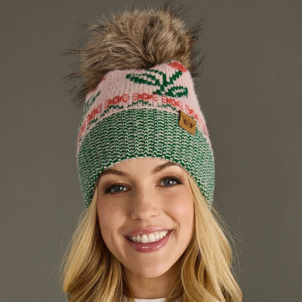 Lt. Pink Cherry Pattern Pom Hat
