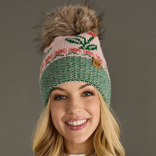 Lt. Pink Cherry Pattern Pom Hat