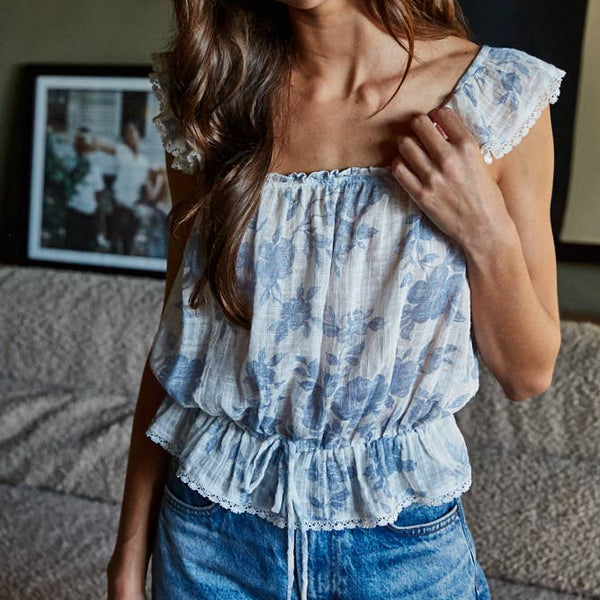 Woven Cotton Floral Print Sleeveless Peplum Top