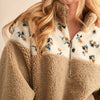 Half Zip Floral Print Contrast Sherpa Pullover -  Tan/Green