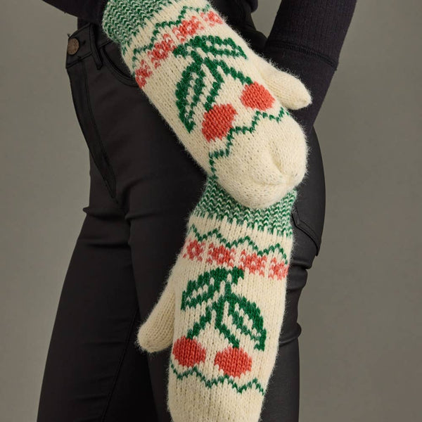Ivory Cherry Pattern Mittens