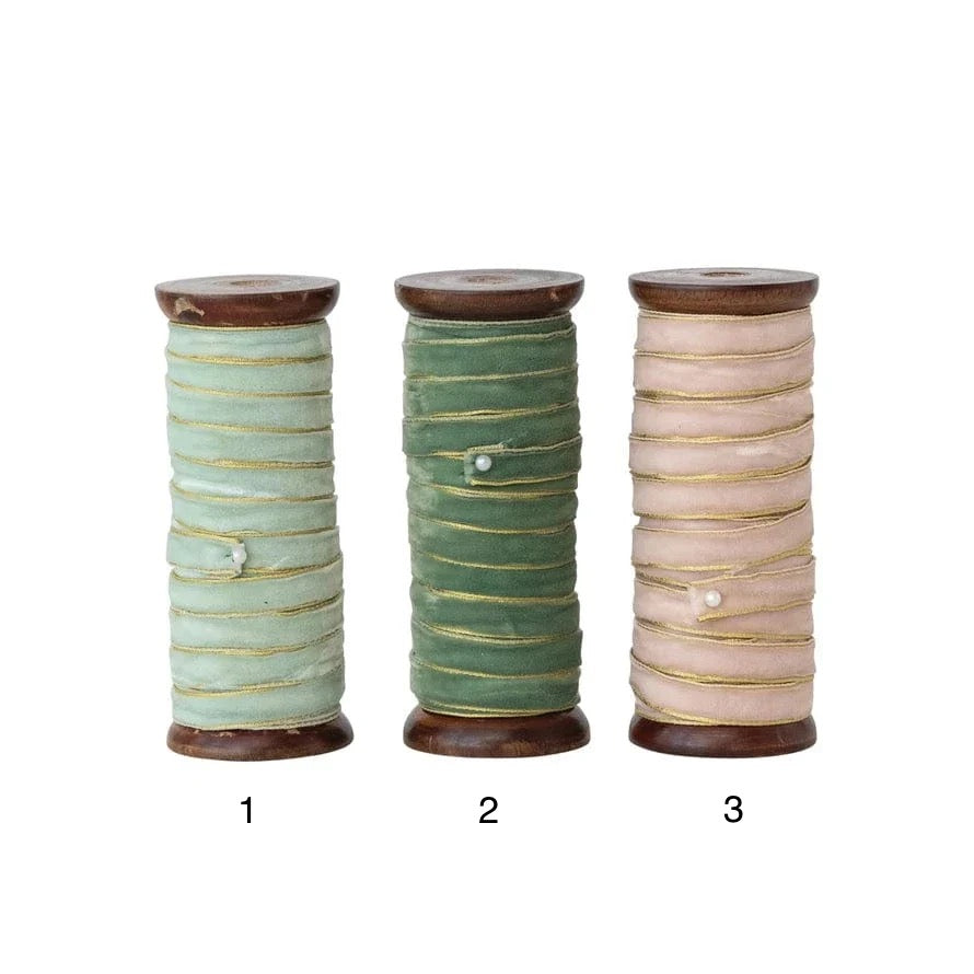 Velvet Ribbon on Wood Spool With Metallic Edges