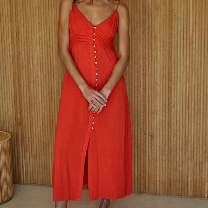 Woven Linen Rayon Button Down V-Neck Midi Dress Salt & Grove Woven Linen Rayon Button Down V-Neck Midi Dress Salt & Grove