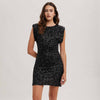 SLEEVELESS PADDED SHOULDER SEQUIN DRESS - Black